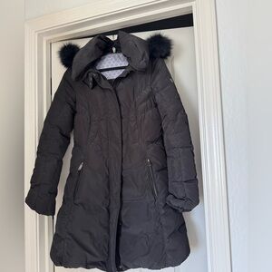 F32 Long Down Black Coat with genuine fox fur trim